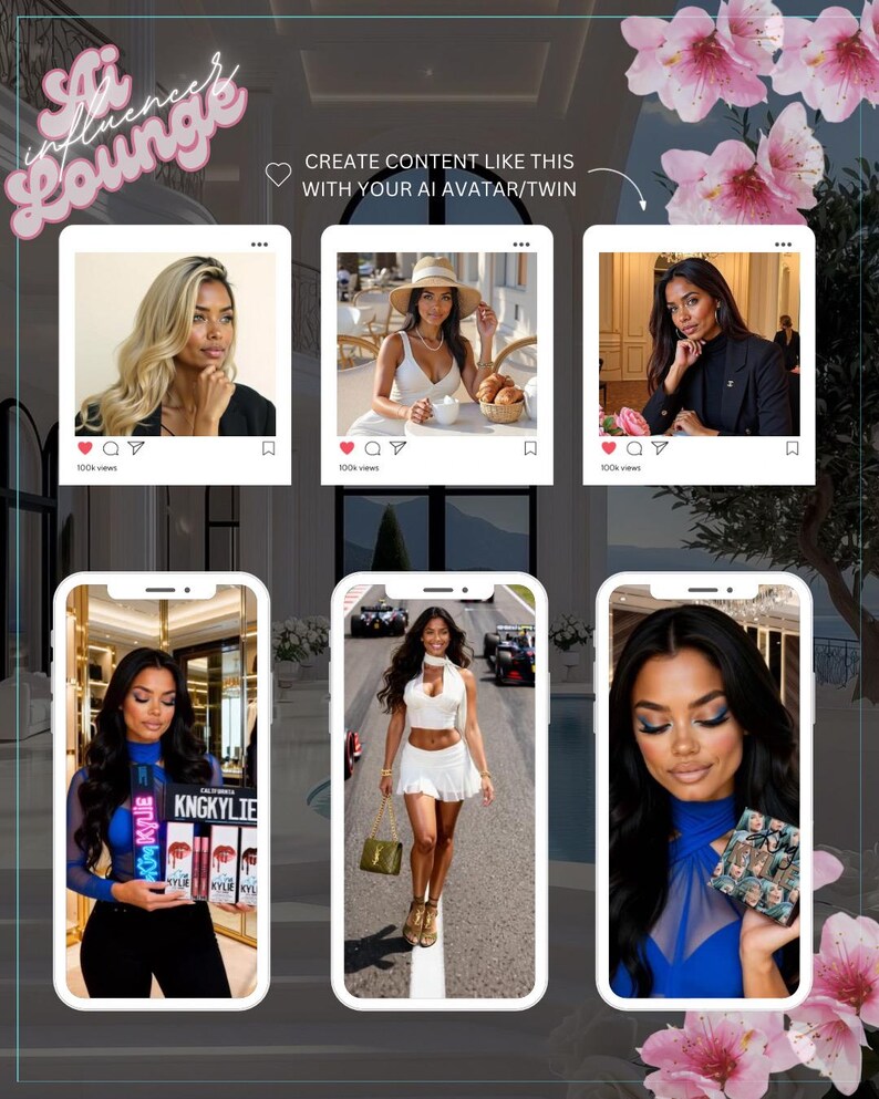 May include: An advertisement featuring a pink and white logo that says "AI Influencer Lounge". The image shows six mock-up phone screens with images of a woman. The text "CREATE CONTENT LIKE THIS WITH YOUR AI AVATAR/TWIN" is also visible.