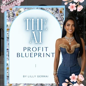 May include: A book cover titled The AI Profit Blueprint by Lilly Germai, featuring a light blue arched frame with a border of US hundred-dollar bills. The cover is displayed next to a person wearing a dark blue denim corset top with fur trim.