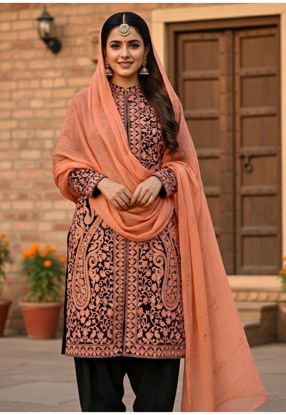 Elegant Traditional embroided long coat/ gown made on silk mix fabric for women. Length 39", bust 43", sleeves 19" inches. Free shipping U.S