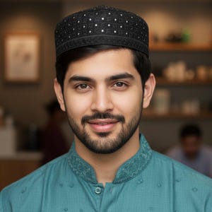 May include: A black embroidered skullcap with a decorative border. The cap is worn by a person wearing a teal-colored tunic with embroidered detailing around the collar. The person has a neatly trimmed beard and is smiling.
