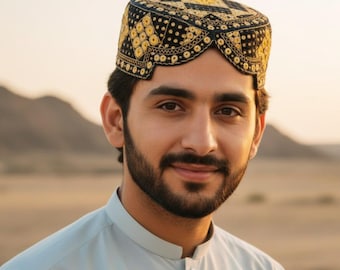 Embroidered Sindhi Cap for Men, Traditional Qandahari Pashtoon Style (22 inches)