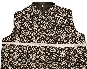 Traditional Sindhi Ajrak Black White Printed Waistcoat for Men