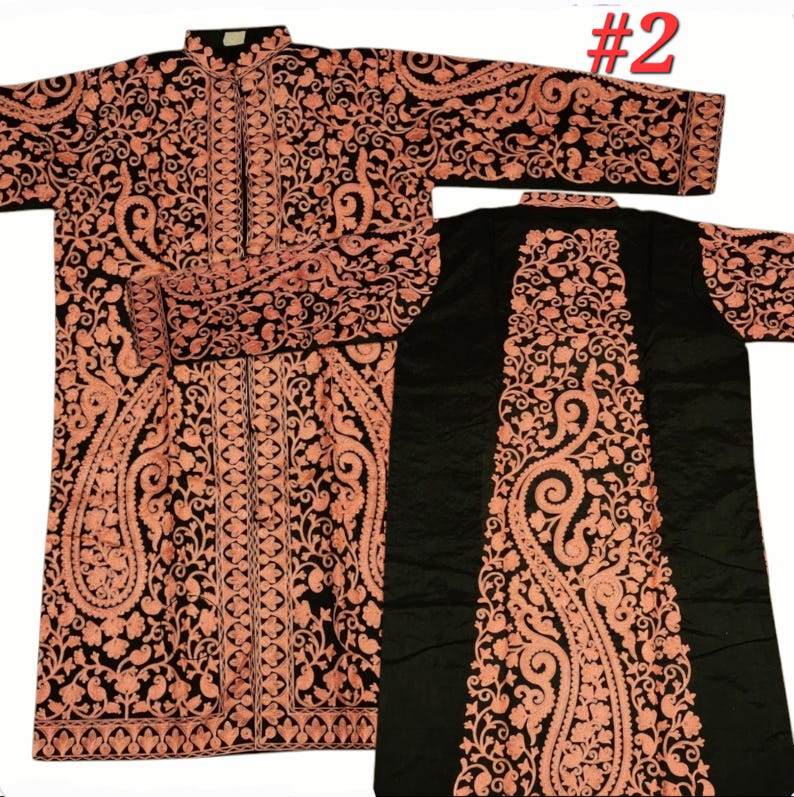 Elegant Traditional embroided long coat/ gown made on silk mix fabric for women. Length 39", bust 43", sleeves 19" inches. Free shipping U.S #2