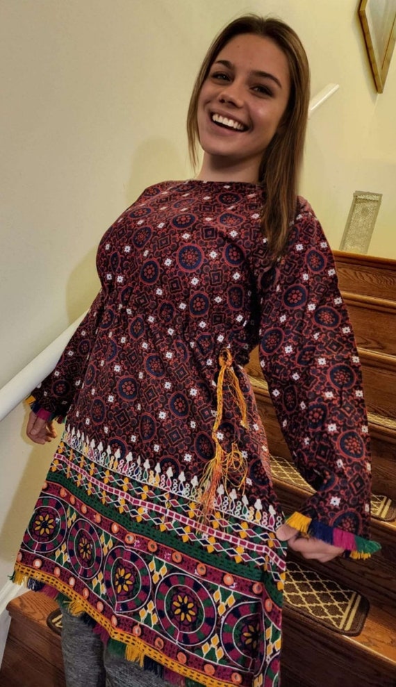 Traditional Sindhi Ajrak Fabric Embroided Shirt for Girls/women