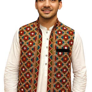 Traditional Afghan full front embroided waistcoat for men/boys. Back plain black fabric. Free shipping throughout U.S