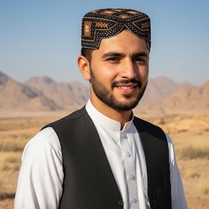 May include: A man wearing a traditional black and gold embroidered cap with a black vest over a white shirt. The background features a desert landscape with mountains under a clear blue sky.