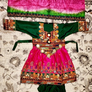Traditional Afghan Kuchi embroided dress for girls including trouser and chaddar. Fits ages 2-5, free shipping throughout U.S