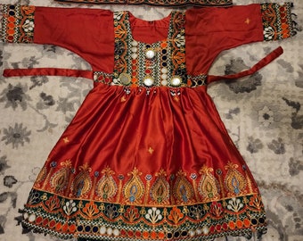 Traditional Afghan kuchi dress including Shirt, trouser and Chaddar for girls ages 1-7 Years. Free shipping throughout U.S