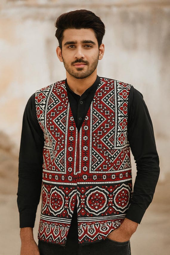 Sindhi Ajrak Block Printed Waistcoat for Men/boys - Etsy