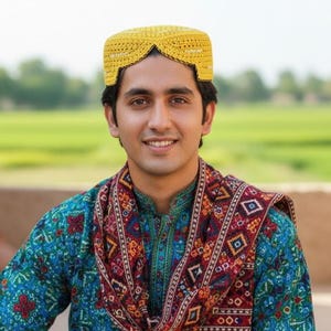 May include: A person wearing a yellow crocheted cap and a patterned scarf with a blue and green patterned shirt. The scarf features a design with red, orange, and white geometric shapes. The background is a blurred green field.