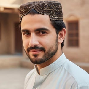 May include: A brown and gold embroidered cap with a geometric design. The cap is worn with a light blue collared shirt. The image is a portrait of a person.