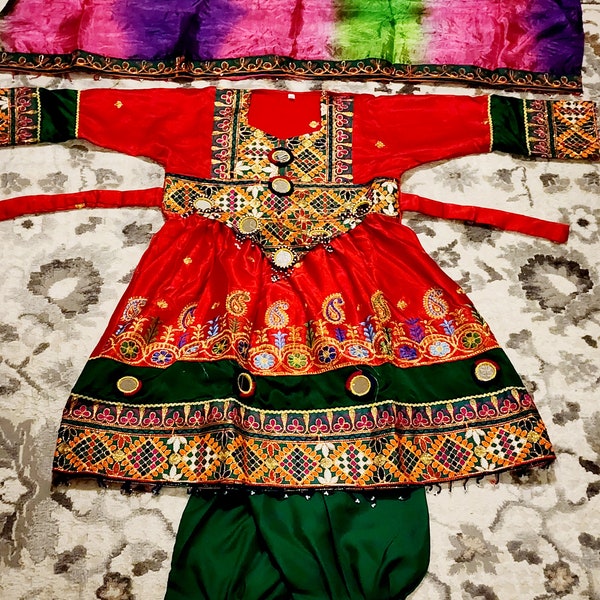 Traditional Afghan Kuchi embroided dress for girls including trouser and chaddar. Fits ages 6-11, free shipping throughout U.S