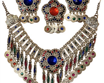 Afghan Traditional style jewelry set including necklace, Matha Tika & Earings. Free shipping all U.S