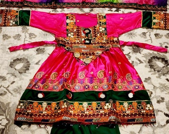 Traditional embroided Afghan Kuchi dress includes shirt, trouser and chaddar for girls ages (2-5). Free shipping throughout U.S