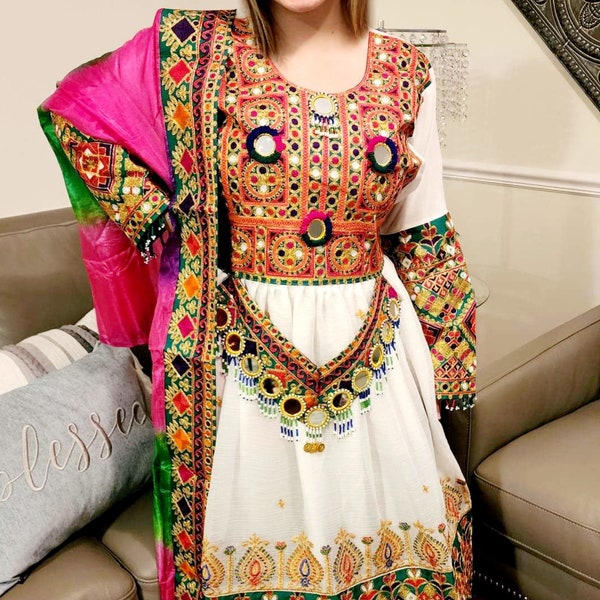 K Traditional embroided Afghan Kuchi style dress includes shirt, trouser and chaddar. Fits ages 20-40, free shipping throughout U.S