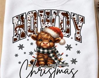 Howdy Christmas PNG, Highland Cow Sublimation Design, Cowhide Western Holiday Shirt Graphic, Digital Download