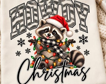 Howdy Christmas Raccoon PNG, Funny Santa Animal with Christmas Lights, Holiday Sublimation Design, Digital Download