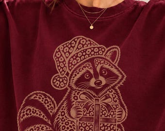 Christmas Raccoon PNG, Leopard Print Santa Hat and Gift Box, Vintage Holiday Sublimation Design