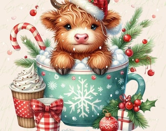 Linda vaca de las tierras altas PNG árboles de Navidad clipart diseño de chocolate caliente acogedor invierno esponjoso vaca navidad vacaciones highland coo PNG copos de nieve digitales