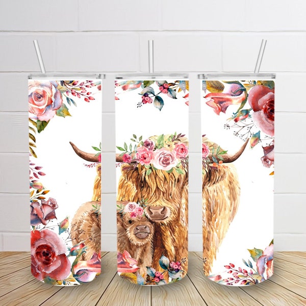 Highland Cow Floral 20oz Sublimation Tumbler Designs, Boho Flower 9.2 x 8.3” Straight Skinny Tumbler, Minimalist Wrap PNG Digital Download