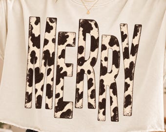 Merry Cowhide Christmas PNG, Western Holiday Lettering, Distressed Cow Print Shirt Design, Digital Download