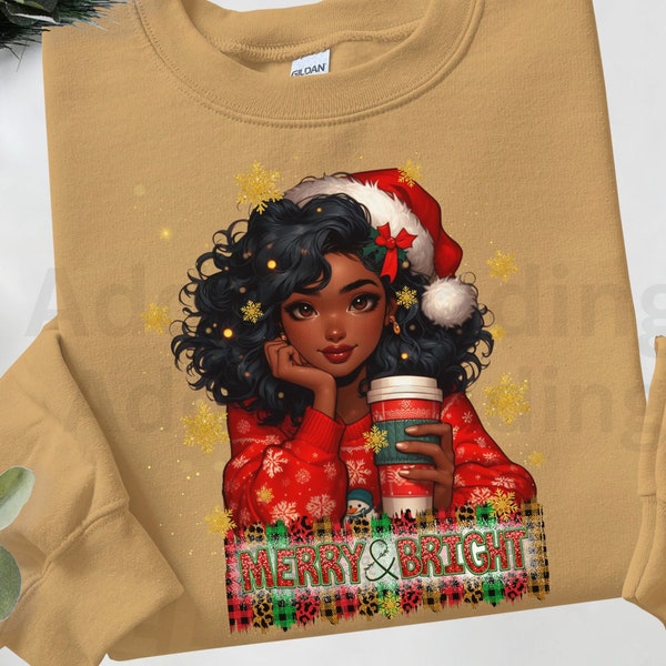 Merry & Bright PNG, black woman Afro Queen Sublimation,merry Christmas Shirt Print, Black Woman Sublimation design black santa png