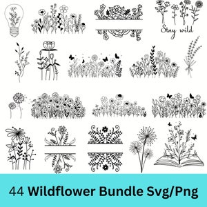 Pacote de flores silvestres Svg, Flower Meadow Svg, primavera svg, Flower Border SVG, Buquê de flores minimalista, clipart de flores silvestres, impressão de flores do prado