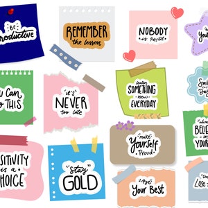 May include: A collection of colorful sticky notes with inspirational quotes and phrases. The notes are decorated with stars, hearts, and washi tape. The quotes include "Be Productive", "Remember the Lesson", "Nobody is Perfect", "You Can Do This", "It's Never Too Late", "Learn Something New Everyday", "Smile Each Day", "Always Believe in Yourself", "Positivity is a Choice", "Make Yourself Proud", "Stay Gold", "Be Your Best", and "Don't Lose Hope".