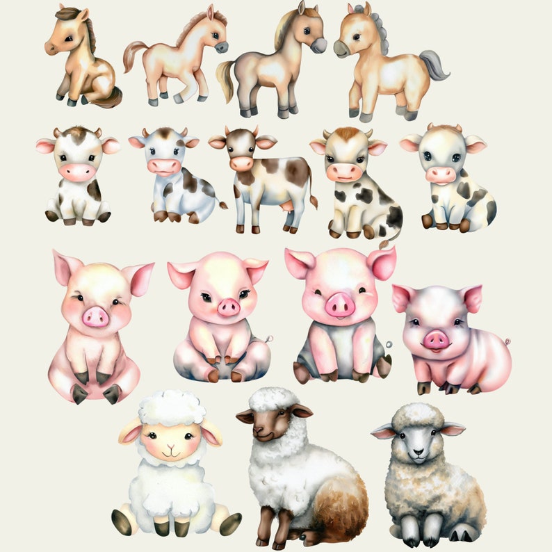 Farm Animals Watercolor Clipart Cute Farm Clip Art Nursery Decor Baby ...