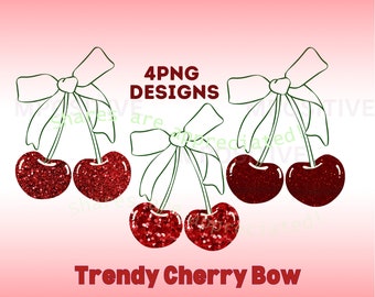Glitter Cherry Bow PNG: Preppy Red Ribbon Graphics (Digital Download)