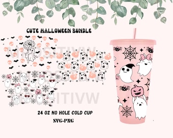 24 オンスのコールド カップ用のかわいいハロウィン SVG、穴なしのレトロなハロウィン ラップ、かわいいゴースト Cricut カット ファイル、レトロなコールド カップ PNG