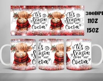 Christmas Highland Cow Mug Wrap: Hot Cocoa Design (PNG Digital Download)