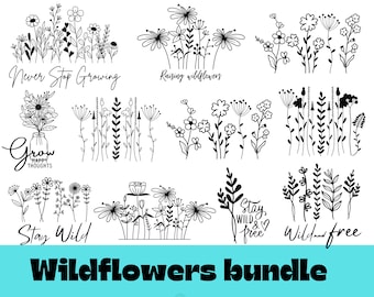 May include: A set of 10 black and white illustrations of wildflowers with different quotes about growth and freedom. The quotes include "Never Stop Growing", "Raising Wildflowers", "Grow Happy Thoughts", "Stay Wild", "Stay Wild & Free", and "Wild and Free".