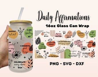 Boho Affirmations 16 oz Glass Can Wrap Sublimation Design (PNG-SVG)