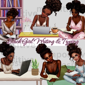Chica negra ratón de biblioteca escribiendo clipart, Chica negra escribiendo clipart, Chica negra escribiendo PNG amante de los libros, Estudiante clipart magia digital clipart