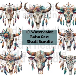 Watercolor Floral Cow Skull Clipart: Boho Longhorn PNG (Digital Download)