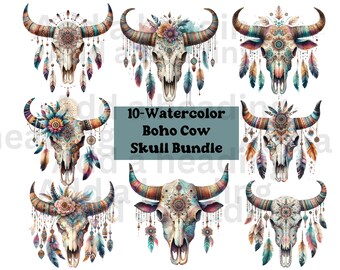 Watercolor Floral Cow Skull Clipart: Boho Longhorn PNG (Digital Download)