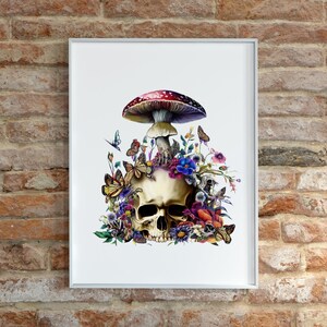 May include: A white skull with a red and purple mushroom growing from the top of its head. The skull is surrounded by colorful flowers and butterflies.