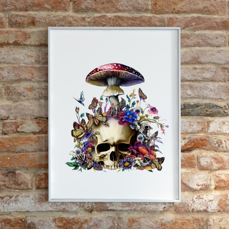 May include: A white skull with a red and purple mushroom growing from the top of its head. The skull is surrounded by colorful flowers and butterflies.