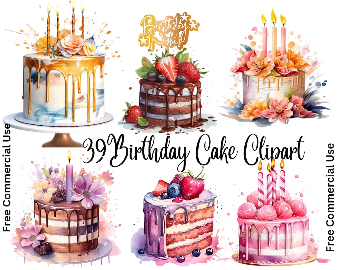 Watercolor Birthday Cake Clipart: Dessert PNG Images (digital Download ...