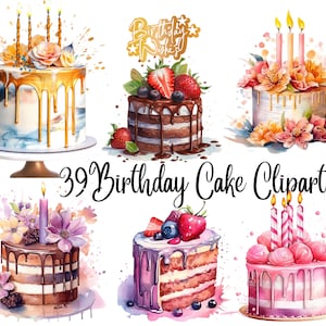 Watercolor Birthday Cake Clipart: Dessert PNG Images (Digital Download)