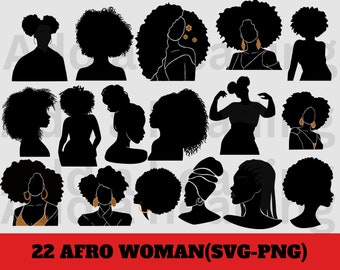 Pakiet SVG z sylwetkami Afro Woman: Wzory z motywem królowej historii Afro (SVG, PNG)