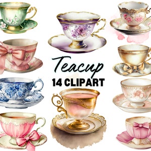 Clipart di tazze da tè vintage ad acquerello - Download di immagini digitali PNG dell'ora del tè antico per la creazione di biglietti, album di ritagli, diari di scarto, lavori artigianali di carta