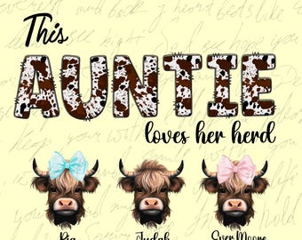 Pacchetto png personalizzato "La zia ama la sua mandria" • Famiglia di mucche delle Highlands • Nomi personalizzati - Stile mamma in pelle di mucca da fattoria