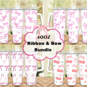 May include: Set of six 40oz stainless steel tumblers with pink ribbon and bow designs. The tumblers have a white background and feature different pink ribbon and bow patterns. The tumblers are perfect for everyday use or as a gift.