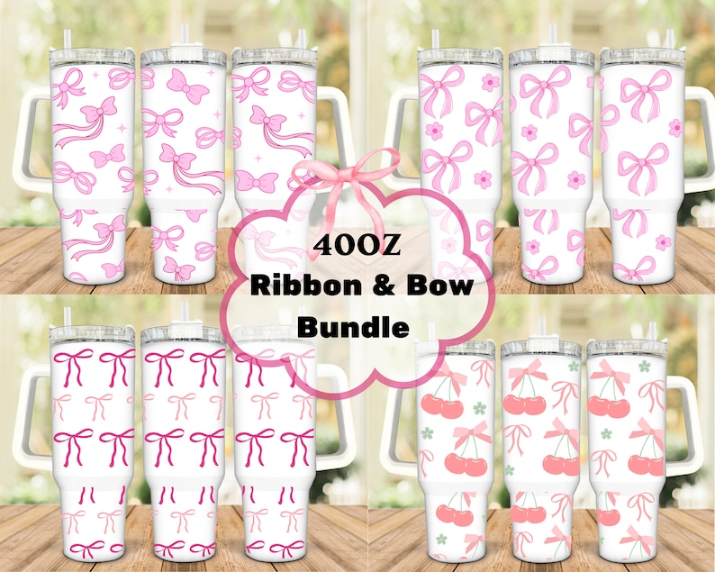 May include: Set of six 40oz stainless steel tumblers with pink ribbon and bow designs. The tumblers have a white background and feature different pink ribbon and bow patterns. The tumblers are perfect for everyday use or as a gift.