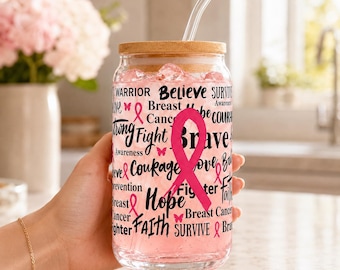 Diseño para vaso de 473 ml (16 oz) con temática de cáncer de mama, cinta rosa (PNG y SVG), diseño para sublimación, descarga instantánea.