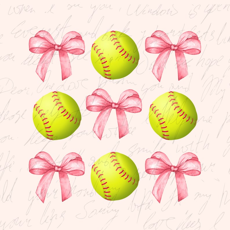 May include: A seamless pattern featuring watercolor illustrations of pink bows and yellow softball balls on a white background with handwritten text.