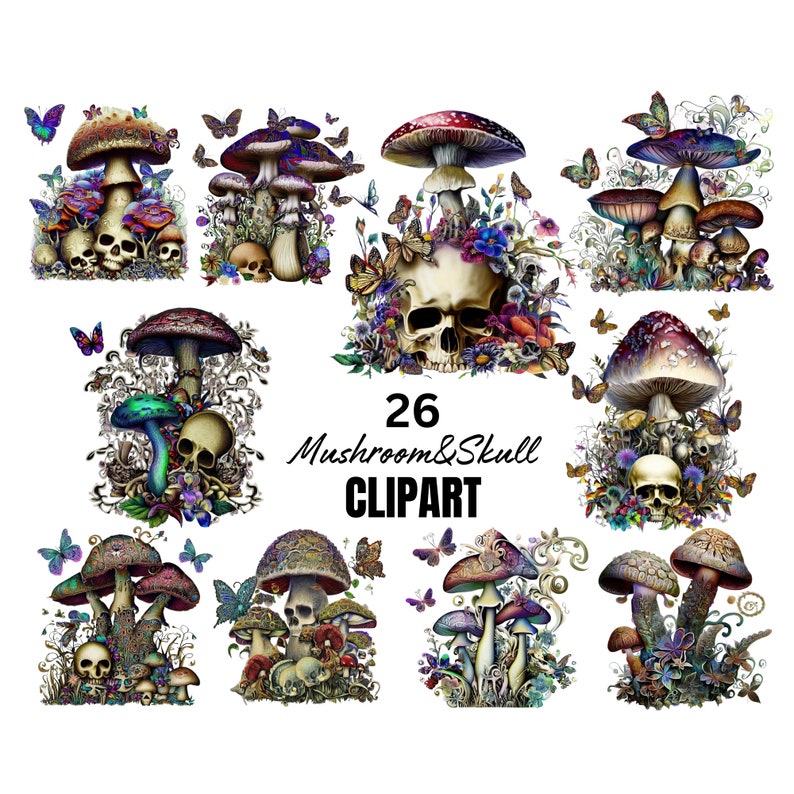 May include: A set of 26 digital clipart images featuring colorful mushrooms and skulls. The mushrooms are in various shapes and sizes, with some having a skull in the center. The images are perfect for adding a whimsical and spooky touch to your projects.