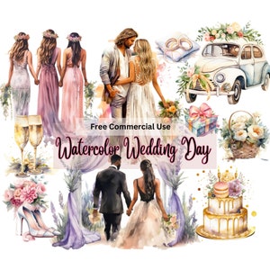 Wedding Clipart Bundle Watercolor, Transparent PNG, Scrapbook, Junk Journal Bride Groom Clipart, Digital Download, Scrapbook, Commercial Use